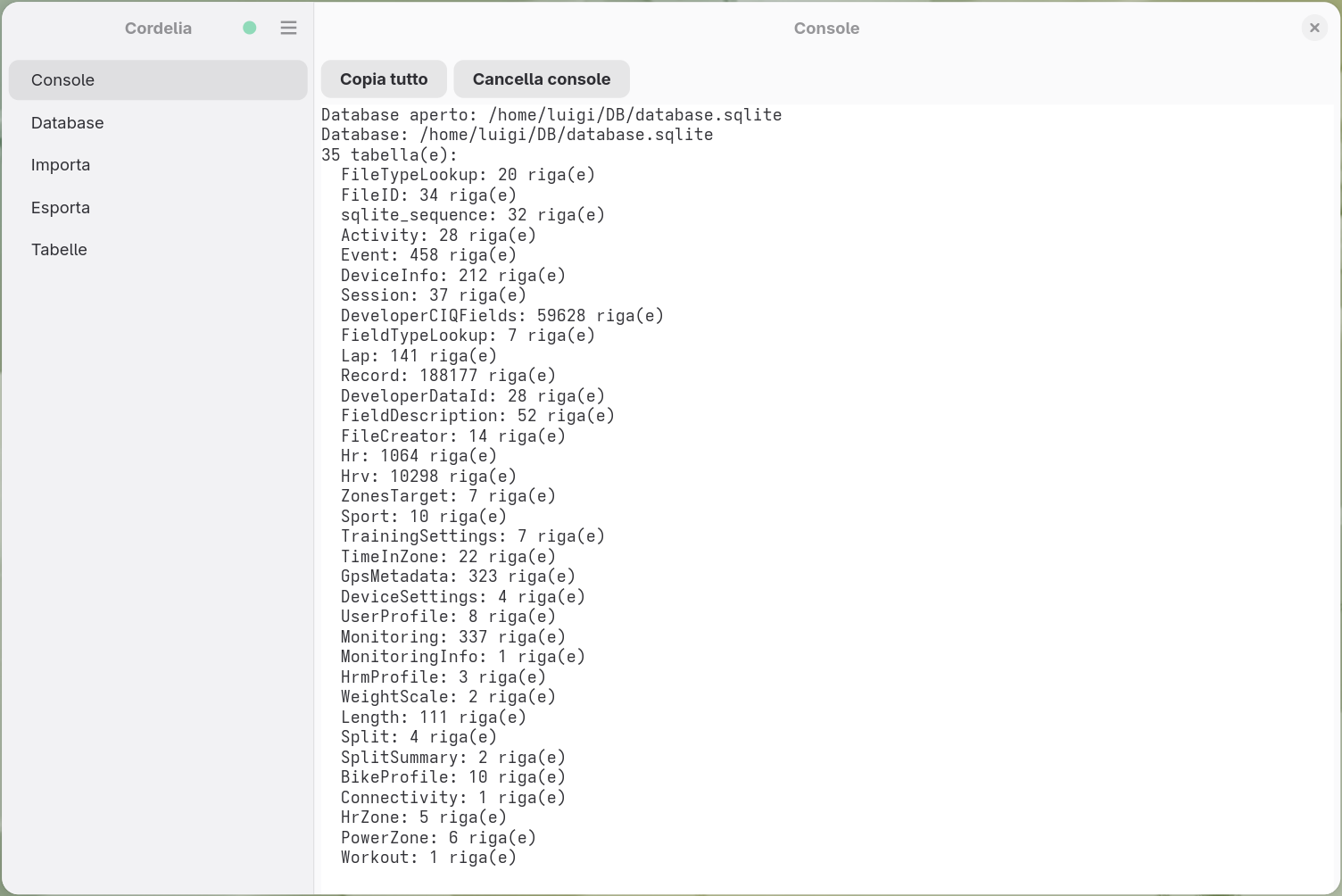 Output della console che elenca tutte le 35 tabelle di un database Cordelia e il relativo numero
        di righe, da FileTypeLookup fino a Workout.