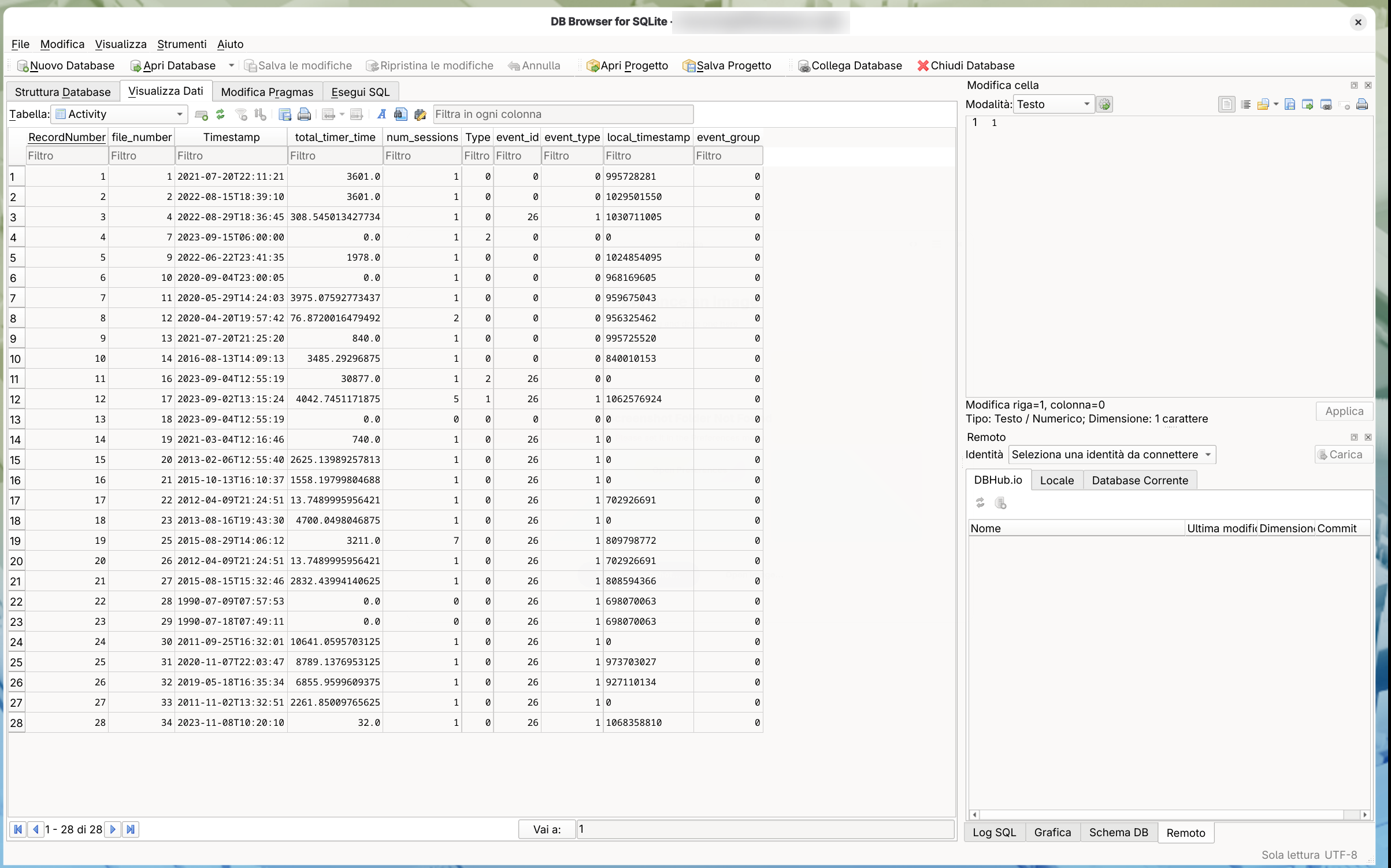 DB Browser for SQLite aperto su un database Cordelia, mentre esplora la tabella
      Activity con la cella total_timer_time di una riga selezionata aperta per la modifica nel
      pannello Edit Database Cell. Screenshot di un componente di terze parti; indipendente dalla
      lingua di Cordelia.