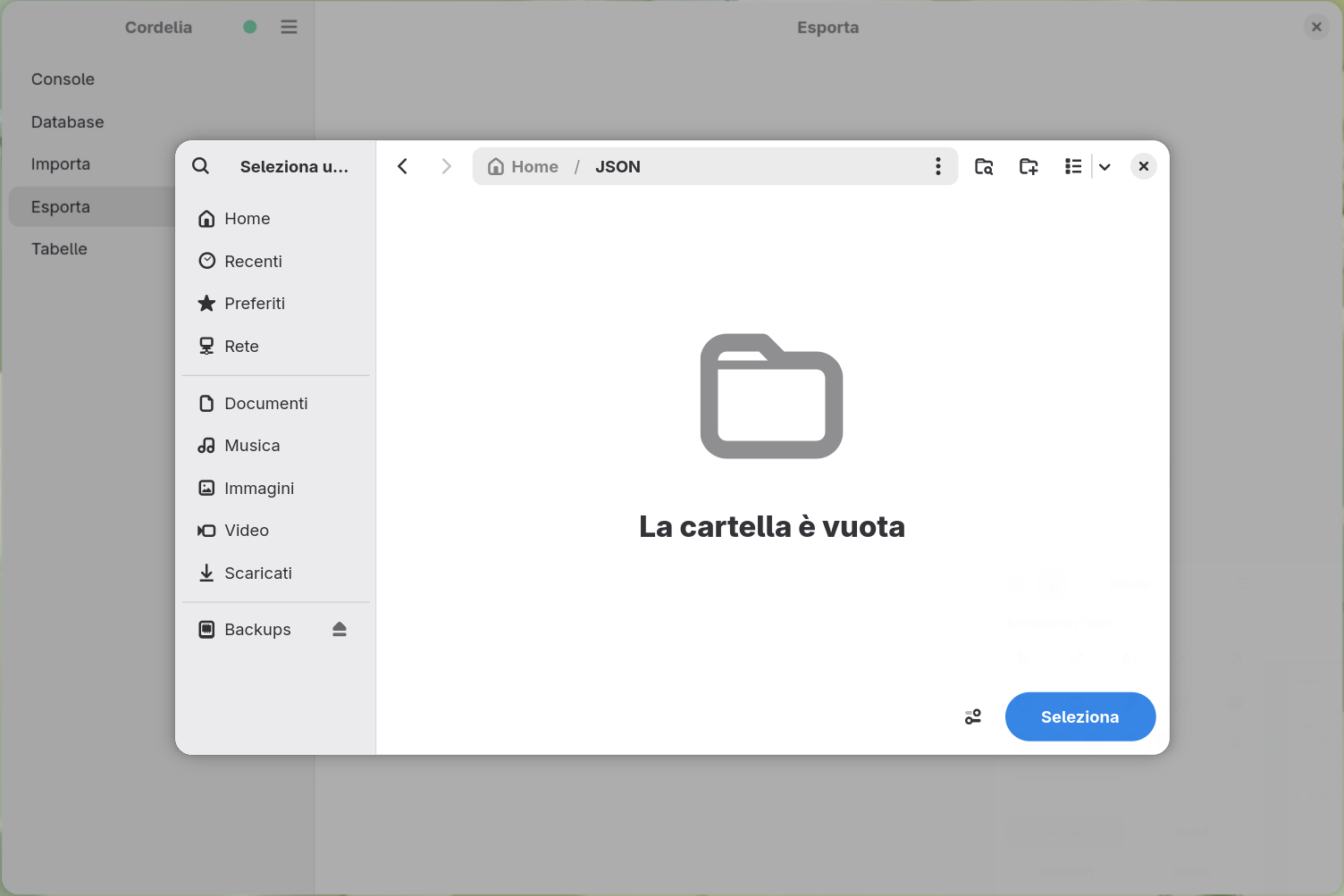 Una finestra di selezione cartella per la destinazione dell'esportazione JSON.