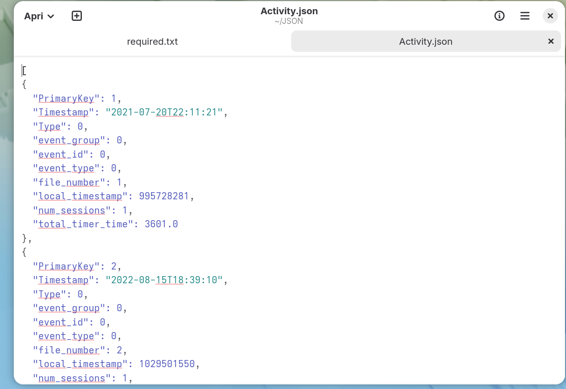 Activity.json aperto in un editor di testo, con un array di oggetti con campi come
      PrimaryKey, Timestamp e total_timer_time.