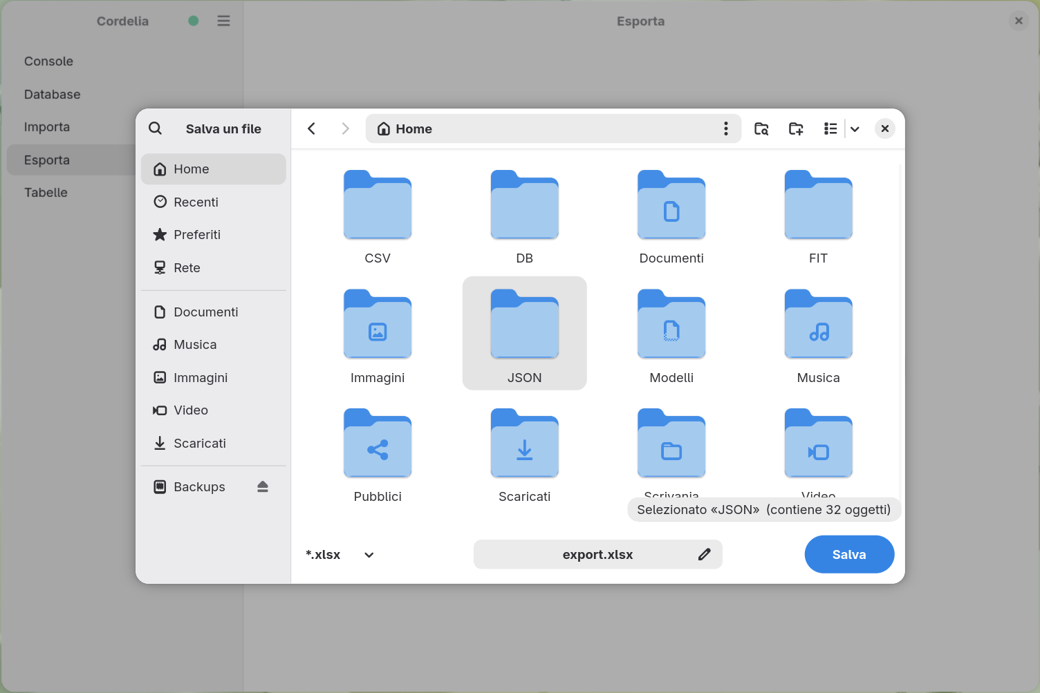 Una finestra di salvataggio file impostata sull'estensione .xlsx, che assegna il nome
        export.xlsx a un nuovo file.