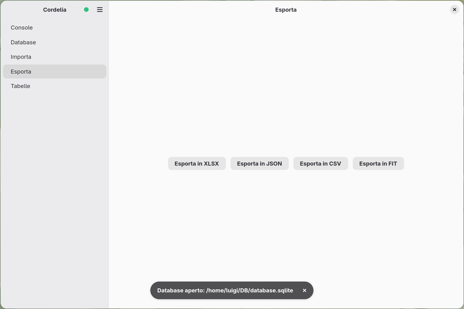 Il pannello Esporta con i pulsanti Esporta XLSX, Esporta JSON, Esporta CSV ed Esporta
      FIT.