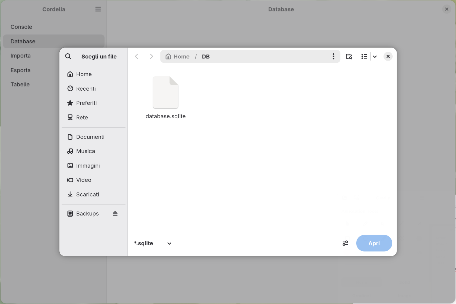 Una finestra di dialogo per l'apertura dei file filtrata su *.sqlite, che mostra la
        cartella DB nella cartella Home con database.sqlite elencato ma non selezionato, e un
        pulsante Apri in grigio.