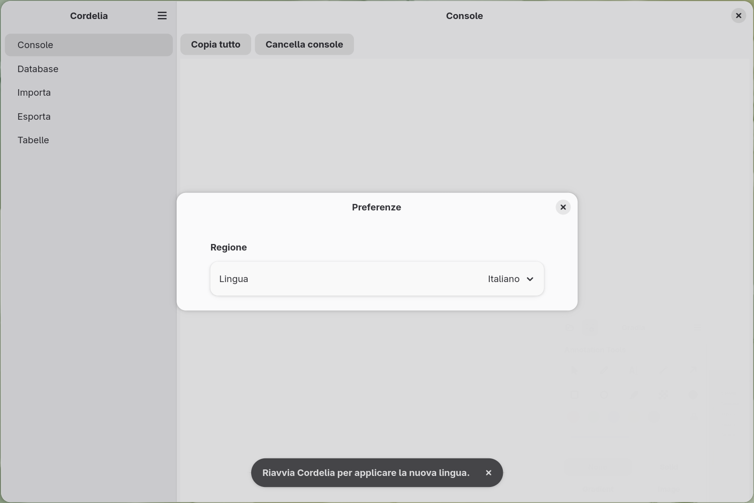 La finestra di dialogo Preferenze, che mostra una sezione Regione con un menu a
        discesa Lingua impostato su Inglese.