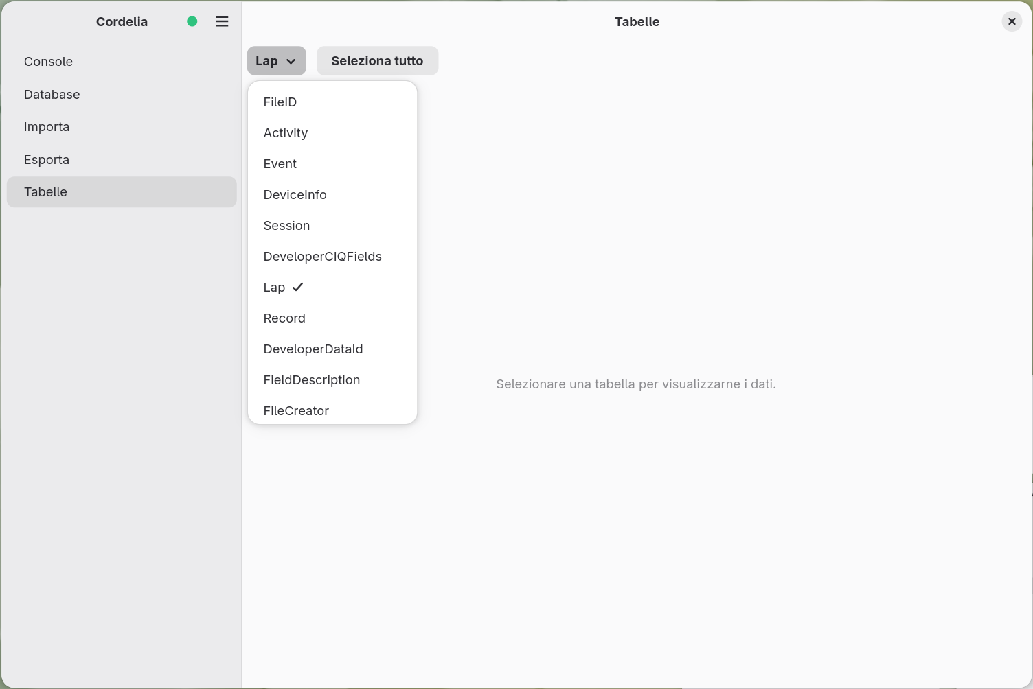 Il menu a discesa di selezione delle tabelle aperto, che elenca tabelle come FileID, Activity,
        Event, DeviceInfo e Session. Il pannello dietro invita ancora a selezionare una tabella.