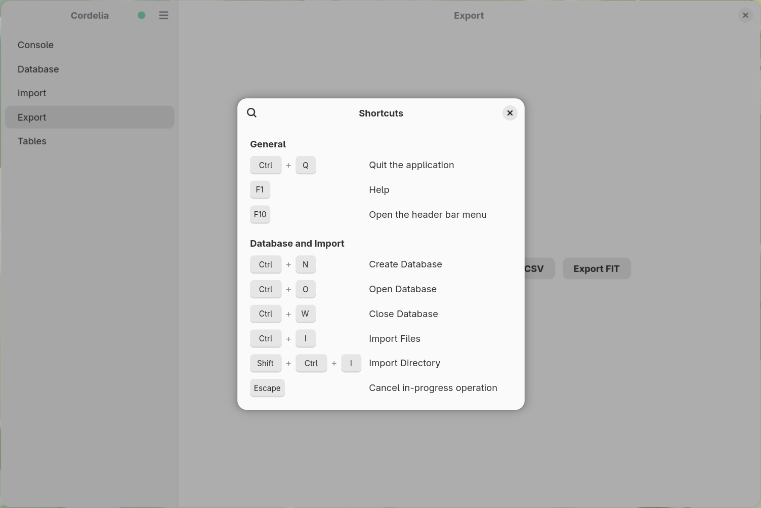 The Keyboard Shortcuts dialog, listing General shortcuts (quit, help, header bar menu)
        and Database and Import shortcuts (create, open, close, import files, import directory,
        cancel).
