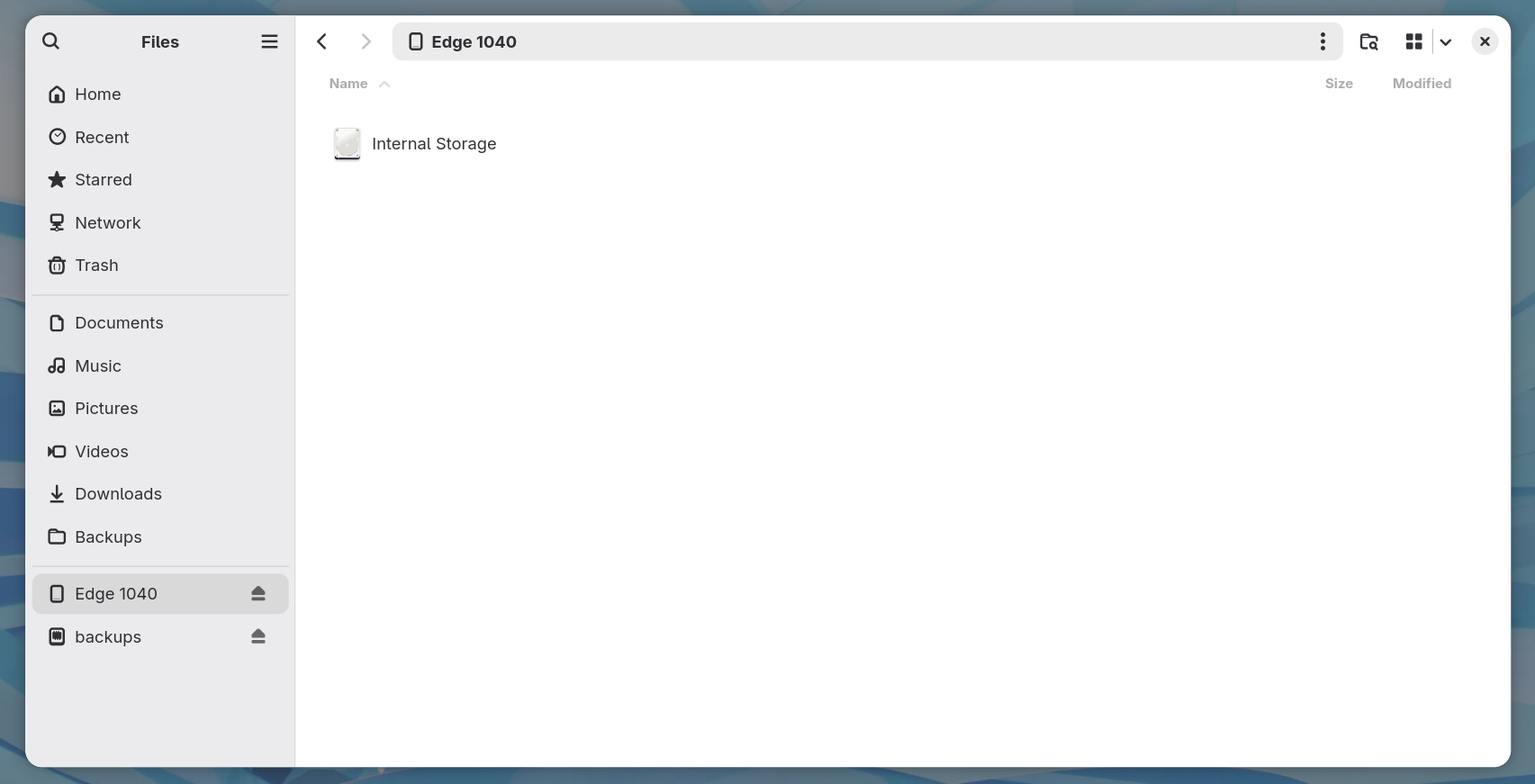 A file manager showing a connected Garmin Edge 1040 as an Internal Storage drive.