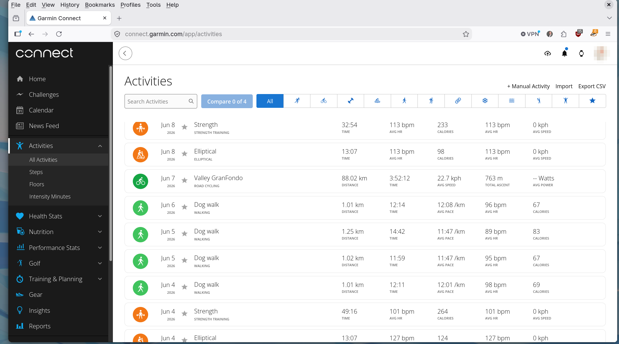 The Garmin Connect activities list in a web browser.