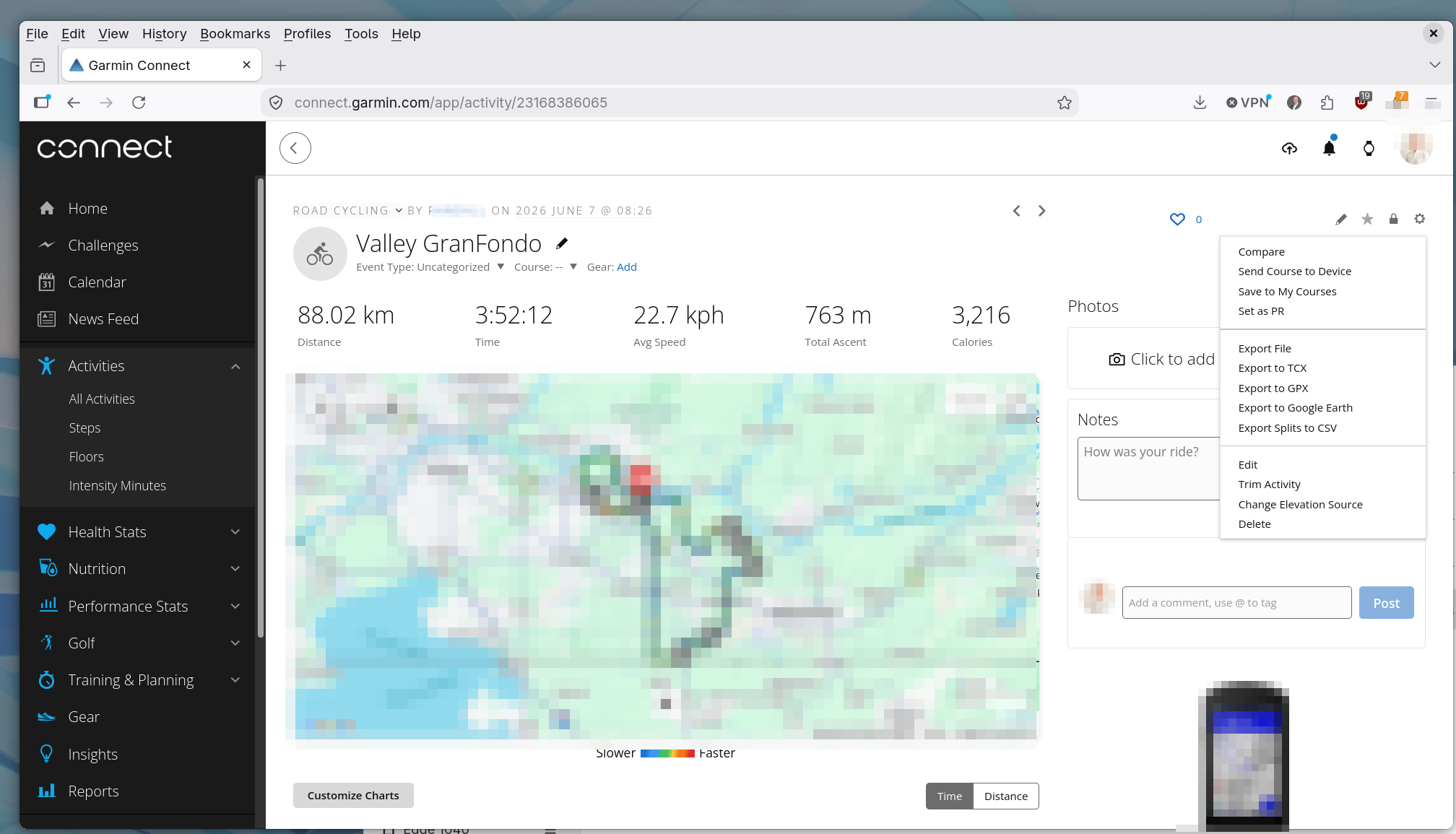 A single activity's page in Garmin Connect with its options menu open, showing Export
      File and other export choices.