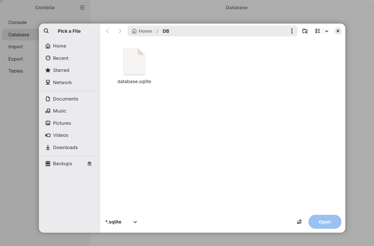 An open-file dialog filtered to *.sqlite files, showing the DB folder inside Home with
        database.sqlite listed but not selected, and a greyed-out Open button.
