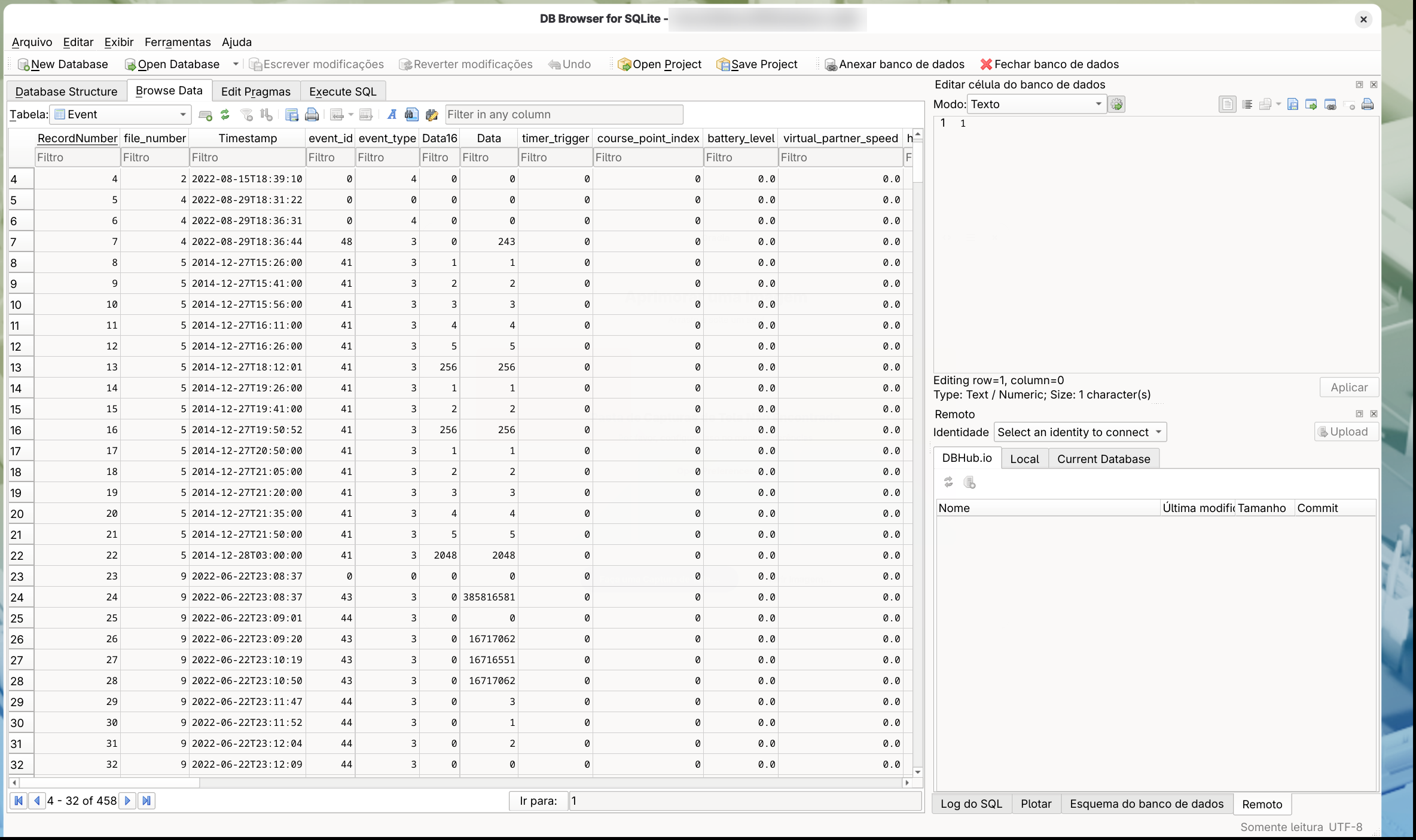 DB Browser for SQLite aberto em um banco de dados do Cordelia, navegando pela tabela
      Activity com a célula total_timer_time de uma linha selecionada aberta para edição no painel
      Edit Database Cell. Captura de tela de um componente de terceiros; independente do idioma do
      Cordelia.