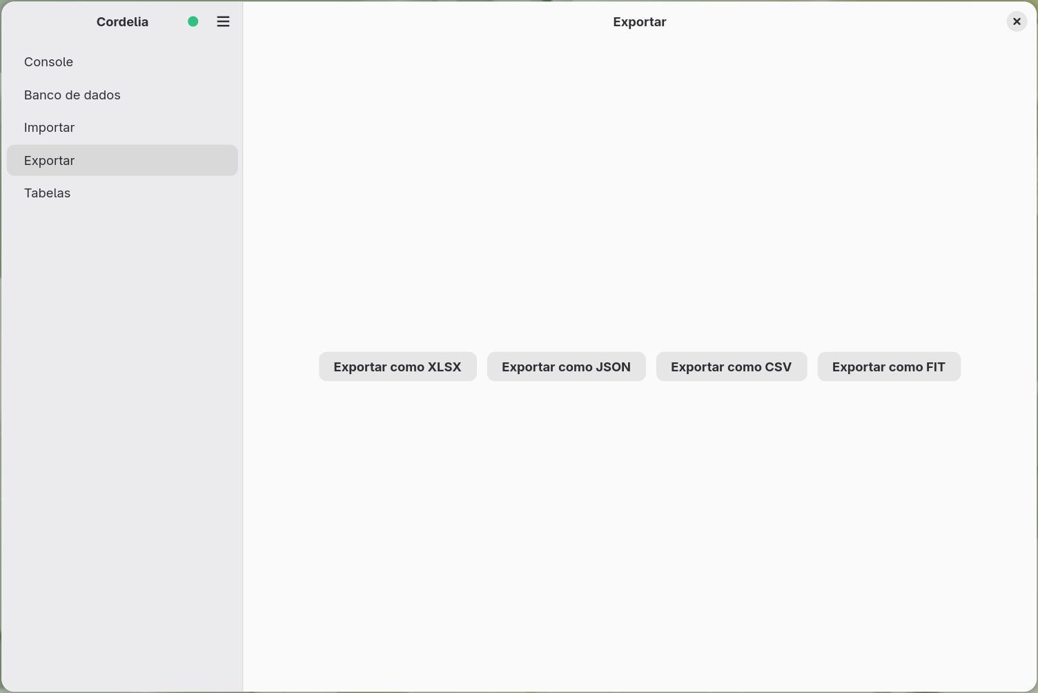 O painel Exportar mostrando os botões Exportar XLSX, Exportar JSON, Exportar CSV e
        Exportar FIT.