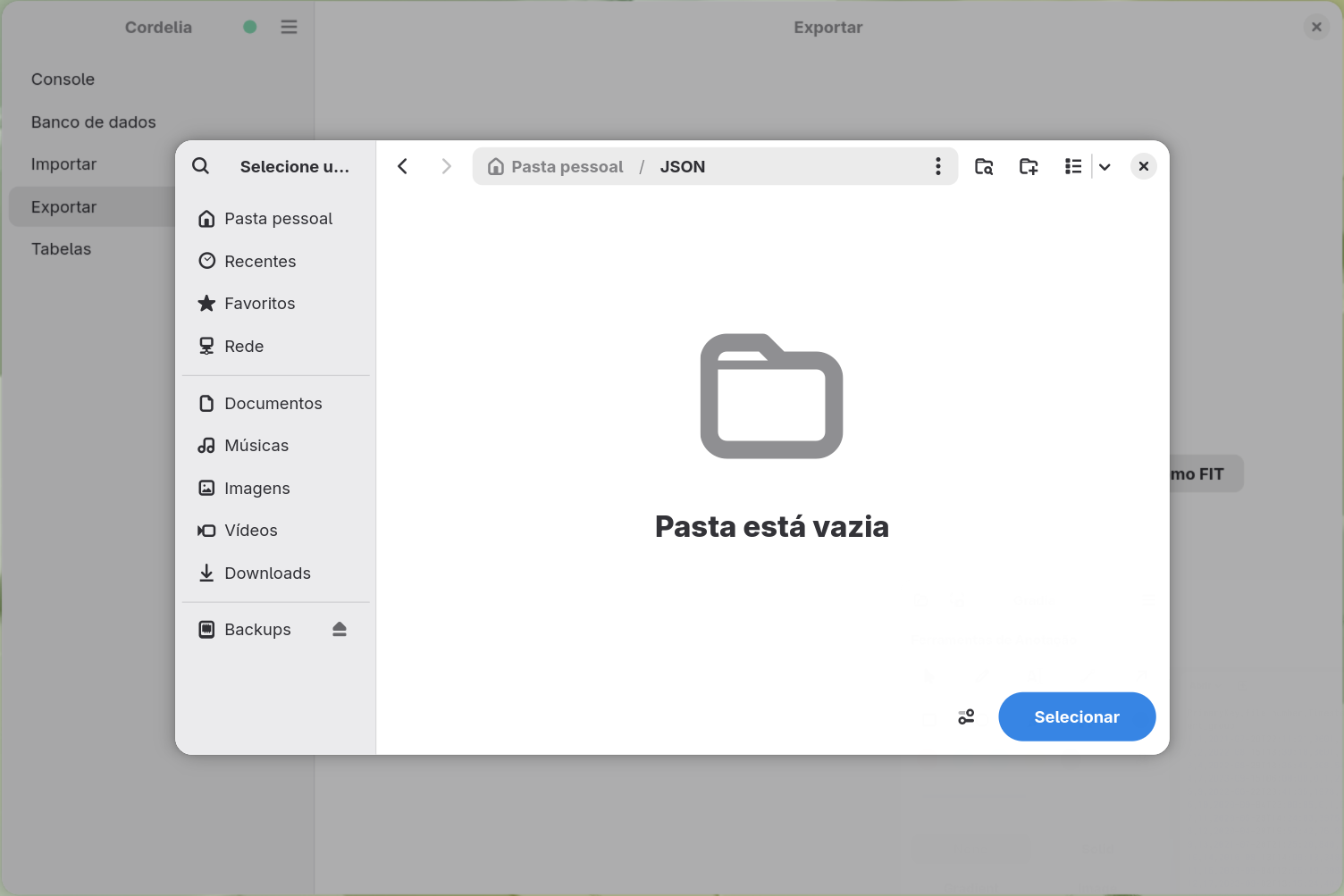 Uma caixa de diálogo de seleção de pastas para a pasta de destino da exportação em
        JSON.