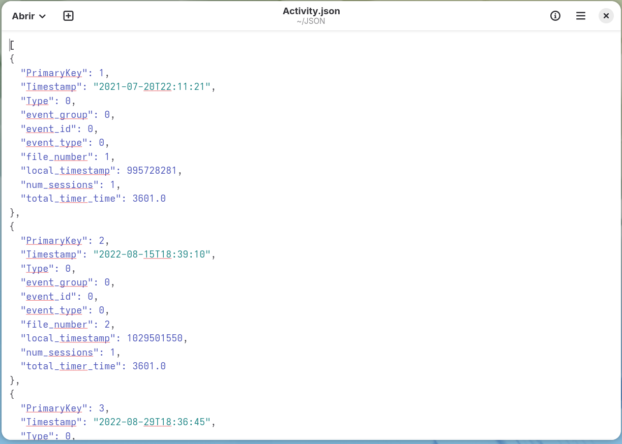 Activity.json aberto em um editor de texto, mostrando uma matriz de objetos com campos
      como PrimaryKey, Timestamp e total_timer_time.