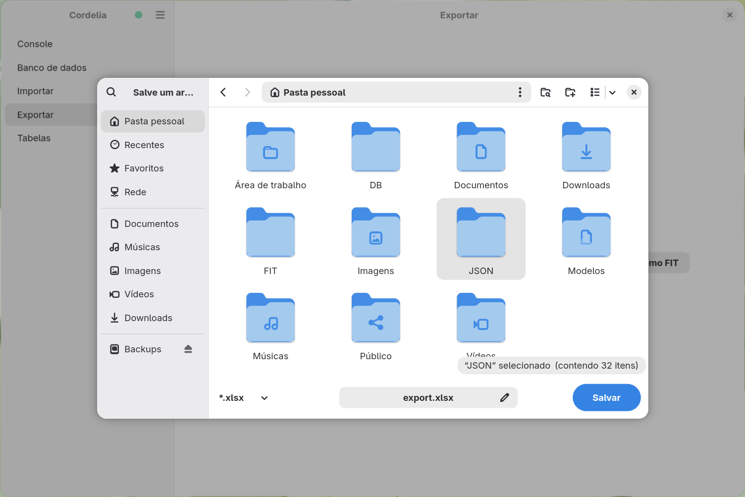 Uma caixa de diálogo para salvar arquivo configurada para a extensão .xlsx, nomeando um
        novo arquivo export.xlsx.