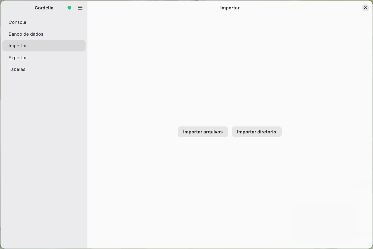 O painel Importar com os botões Importar arquivos e Importar diretório.