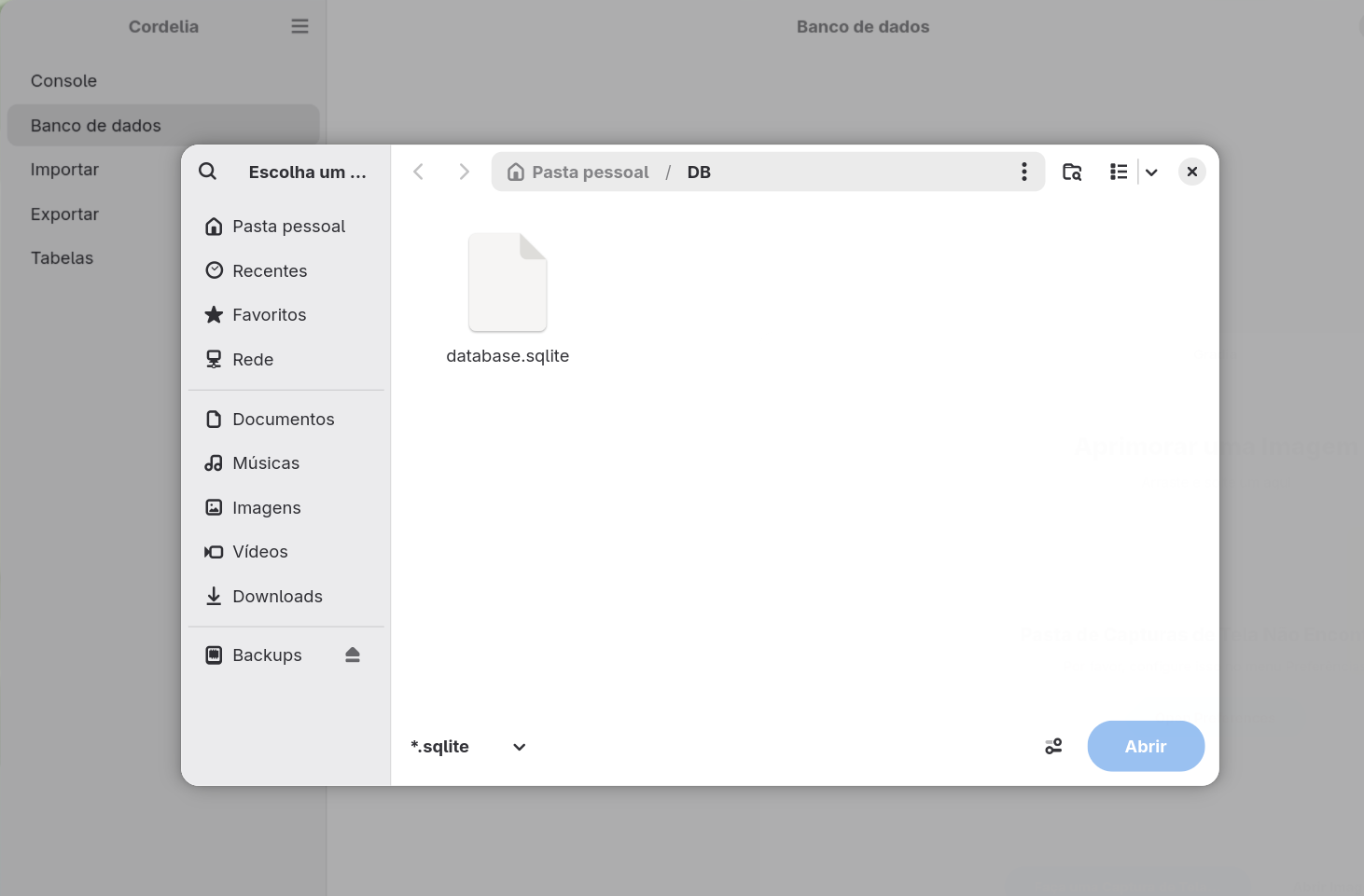 Uma caixa de diálogo para abrir arquivo filtrada para arquivos *.sqlite, mostrando a
        pasta DB dentro da pasta pessoal com database.sqlite listado mas não selecionado, e um botão
        Abrir acinzentado.