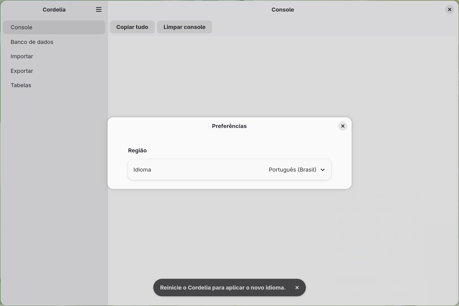 A caixa de diálogo Preferências, mostrando uma seção Região com um menu suspenso de
        idioma configurado para inglês.