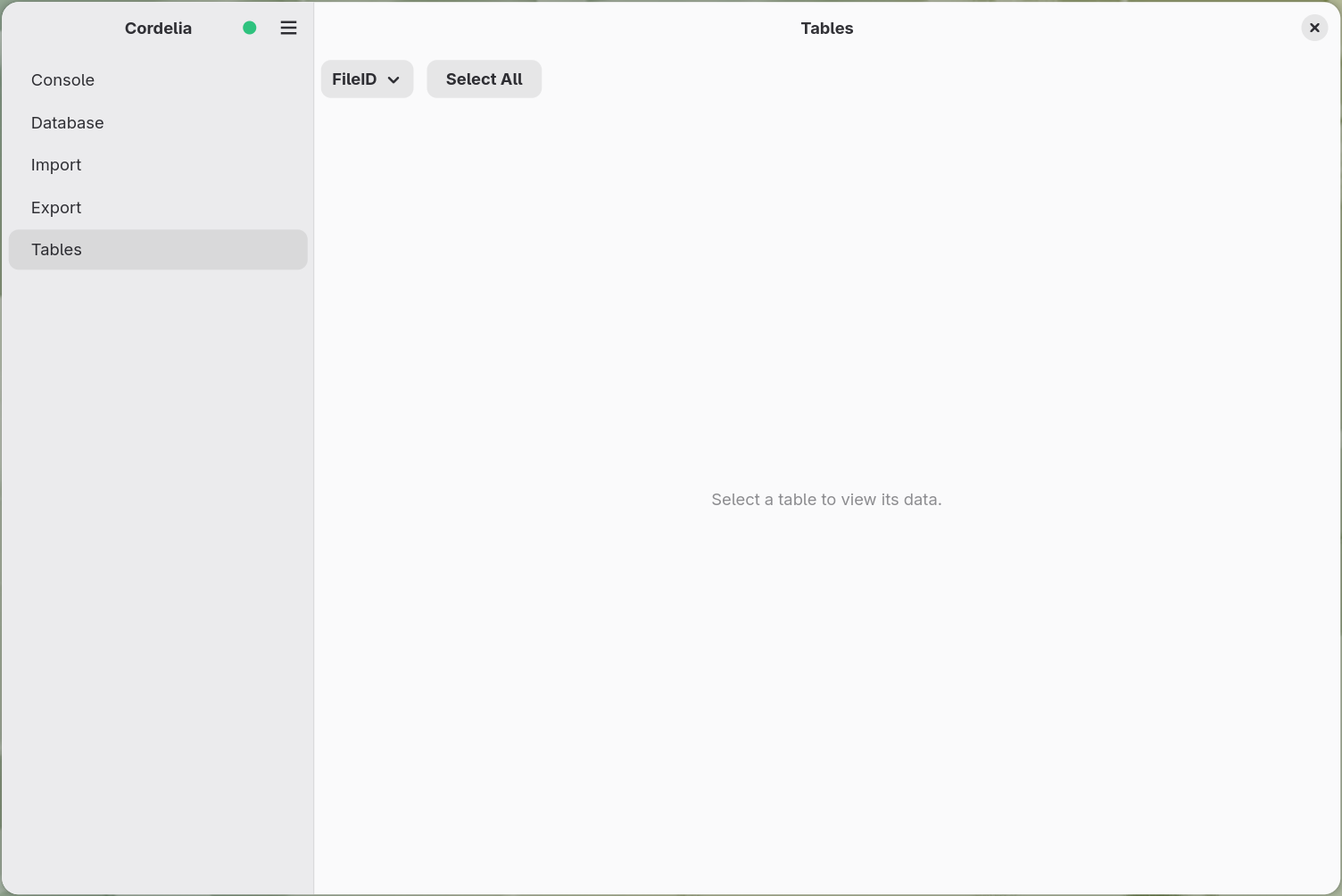 The Tables panel before any table is selected, showing a table-picker dropdown and a
        Select all button.