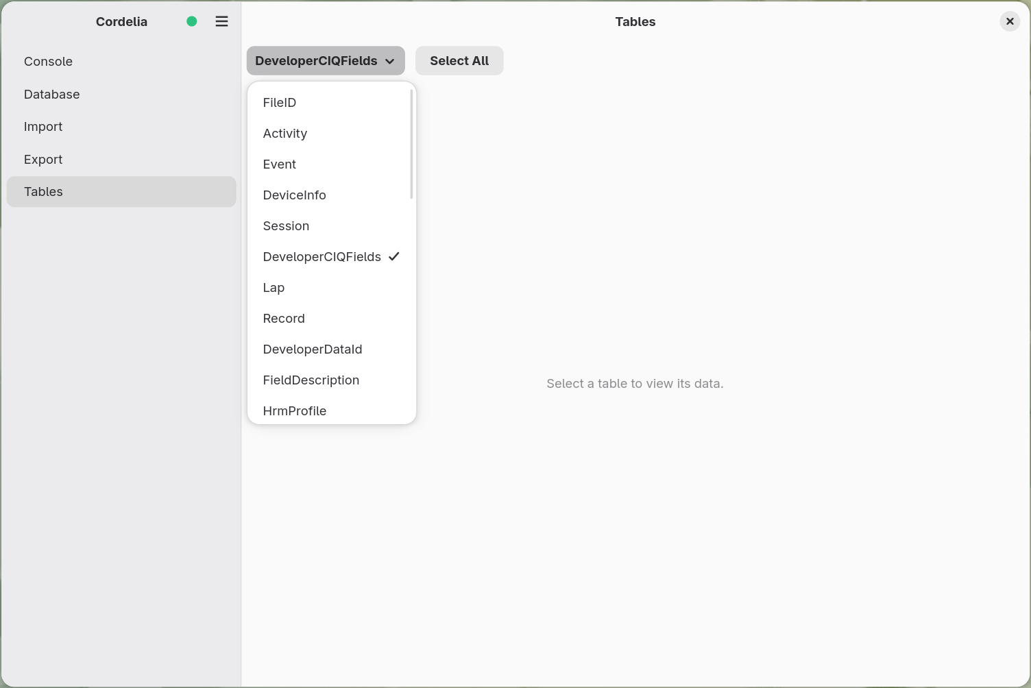 The table-picker dropdown open, listing tables such as FileID, Activity, Event,
        DeviceInfo, Session, and Record.