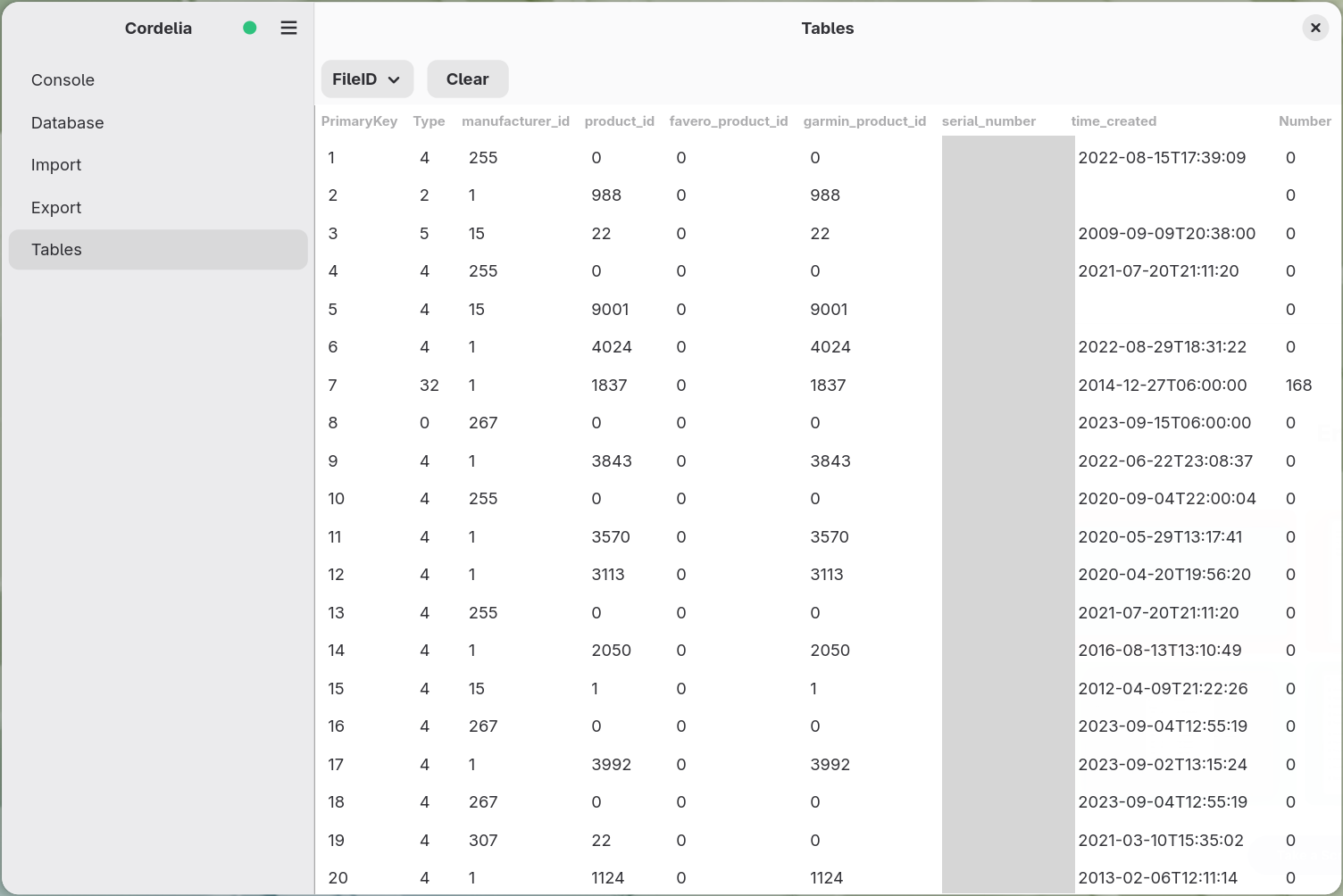 The FileID table shown in the Tables panel, with columns including PrimaryKey, Type,
        manufacturer_id, serial_number, and time_created.