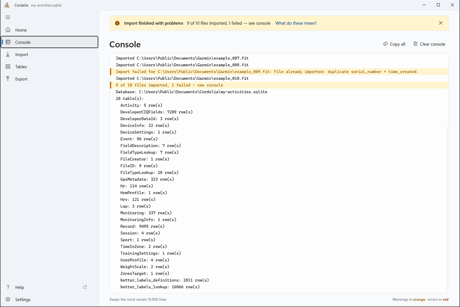 The console after an import: each imported file, an orange line for a duplicate, a summary of 9 of 10 files imported, and each table's row count, with Copy all and Clear console above.