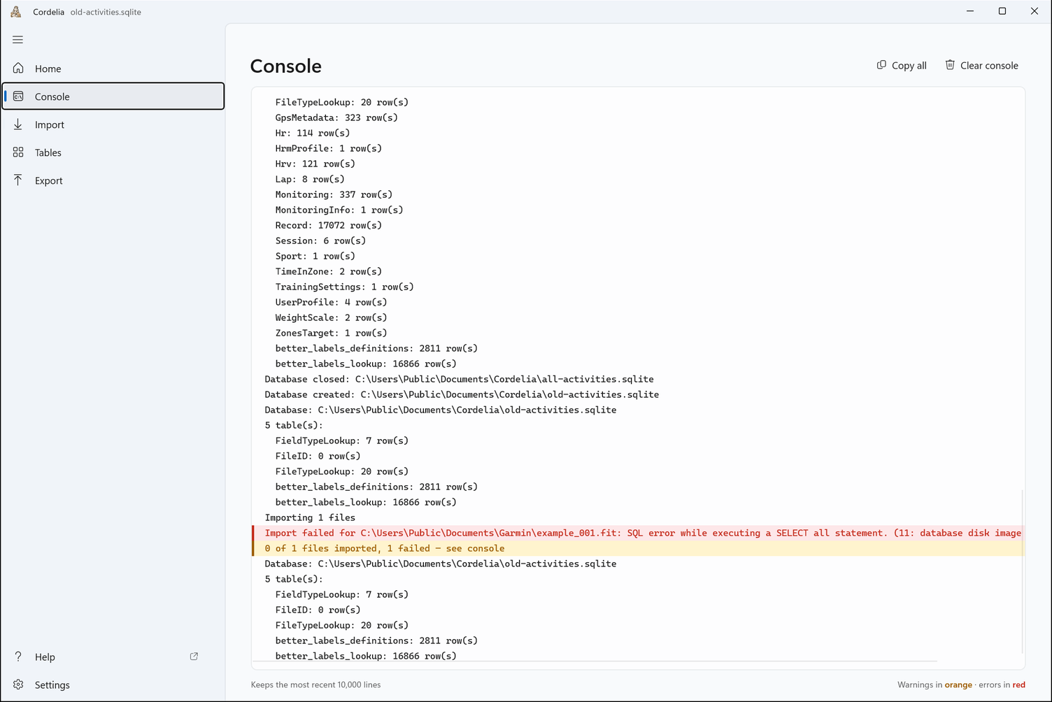 The console with a red line for a file that failed to import because the database is damaged.