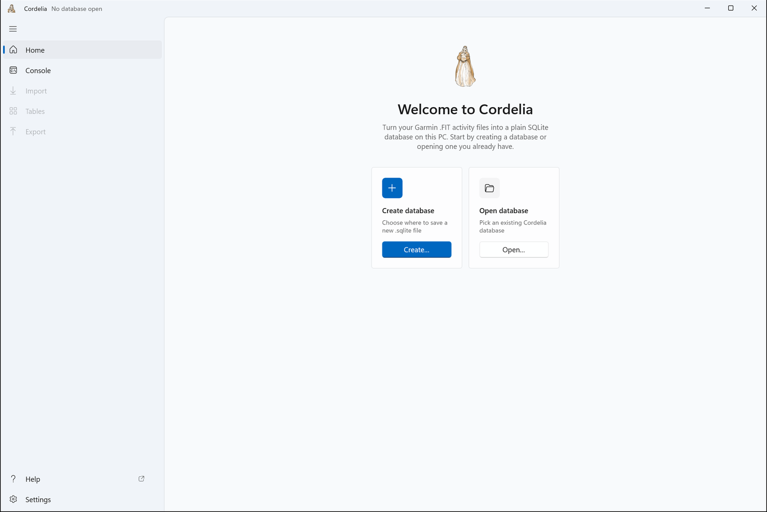 Home with no database open, showing the Create database and Open database cards.