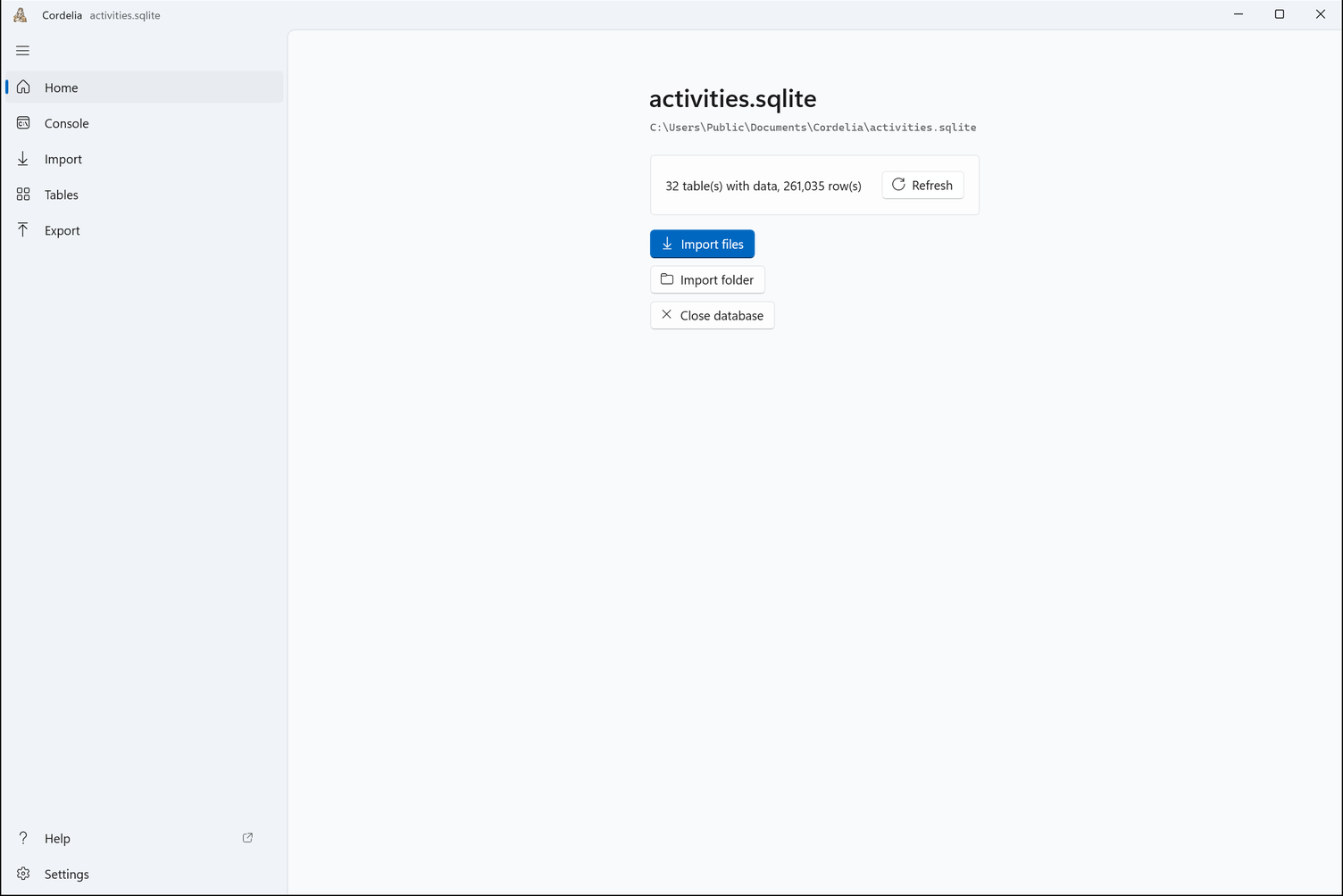 Home with activities.sqlite open, showing where the file is, 32 tables with data and 261,035 rows, and buttons to import files and close the database.