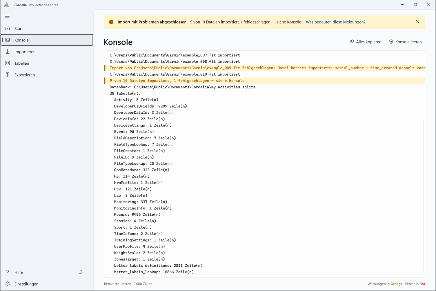 Die Konsole nach einem Import: jede importierte Datei, eine orange Zeile für ein Duplikat, eine Zusammenfassung mit 9 von 10 importierten Dateien und die Zeilenzahl jeder Tabelle, darüber Alles kopieren und Konsole leeren.