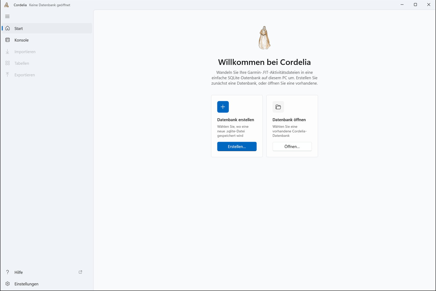 Die Startseite ohne geöffnete Datenbank, mit den Karten Datenbank erstellen und Datenbank öffnen.