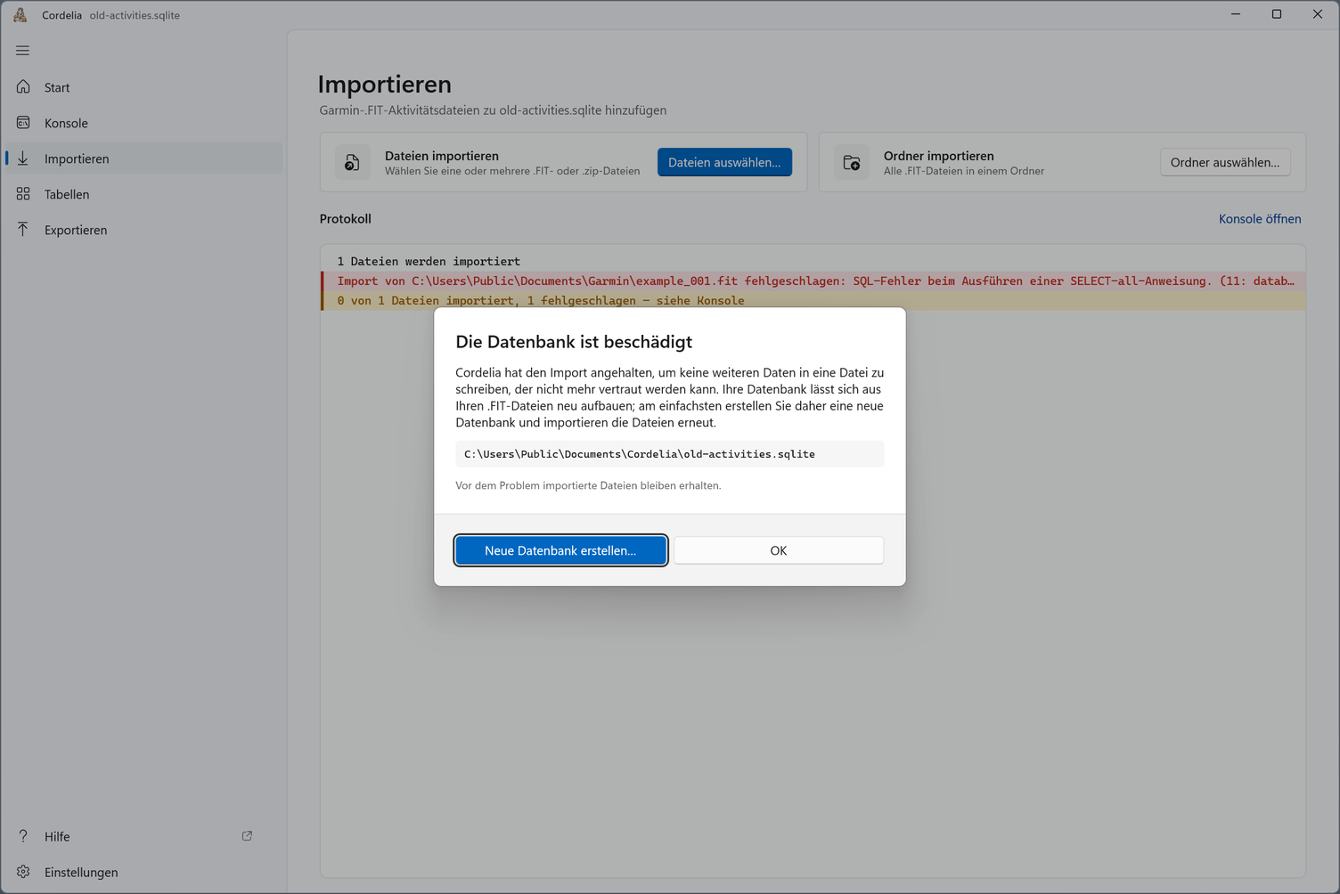 Der Dialog Die Datenbank ist beschädigt mit old-activities.sqlite und den Schaltflächen Neue Datenbank erstellen… und OK.