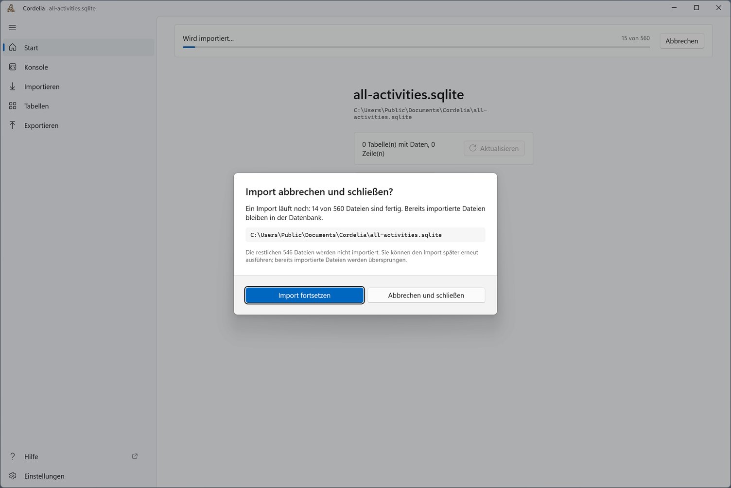 Der Dialog Import abbrechen und schließen? mit den Schaltflächen Import fortsetzen und Abbrechen und schließen.