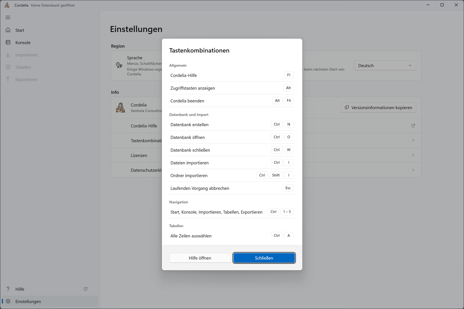 Der Dialog Tastenkombinationen mit den Gruppen Allgemein, Datenbank und Import, Navigation und Tabellen.