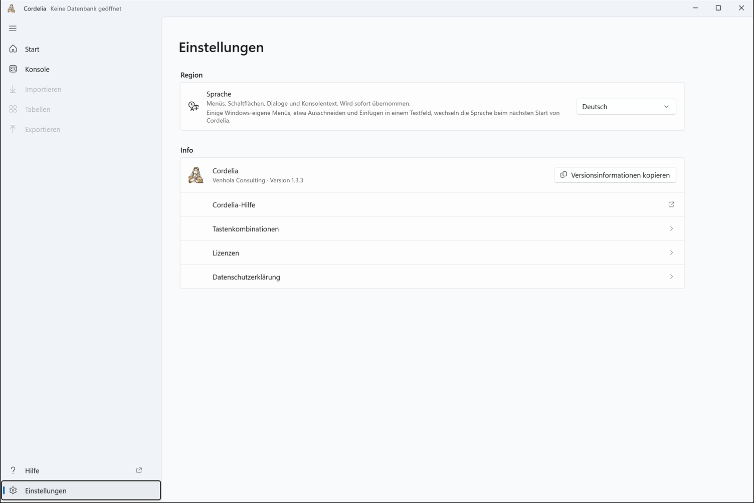 Einstellungen mit der Auswahlliste Sprache unter Region und der Version von Cordelia unter Info.