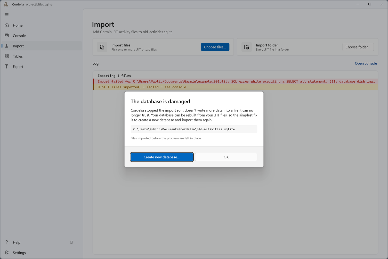 The dialog The database is damaged, naming old-activities.sqlite, with Create new database… and OK buttons.