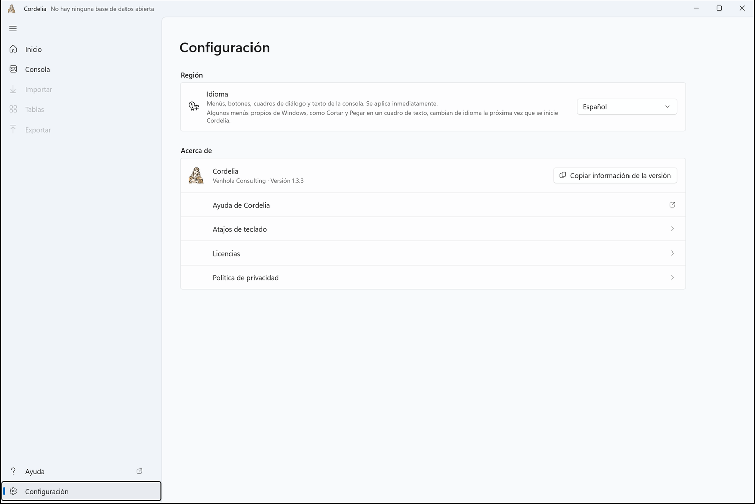 Configuración, con el editor y la versión de Cordelia en Acerca de, un botón Copiar información de la versión y las filas Ayuda de Cordelia, Atajos de teclado, Licencias y Política de privacidad.
