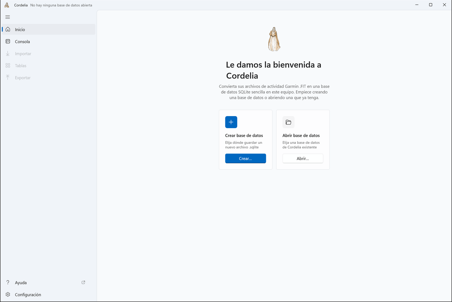 Inicio sin ninguna base de datos abierta, con las tarjetas Crear base de datos y Abrir base de datos.
