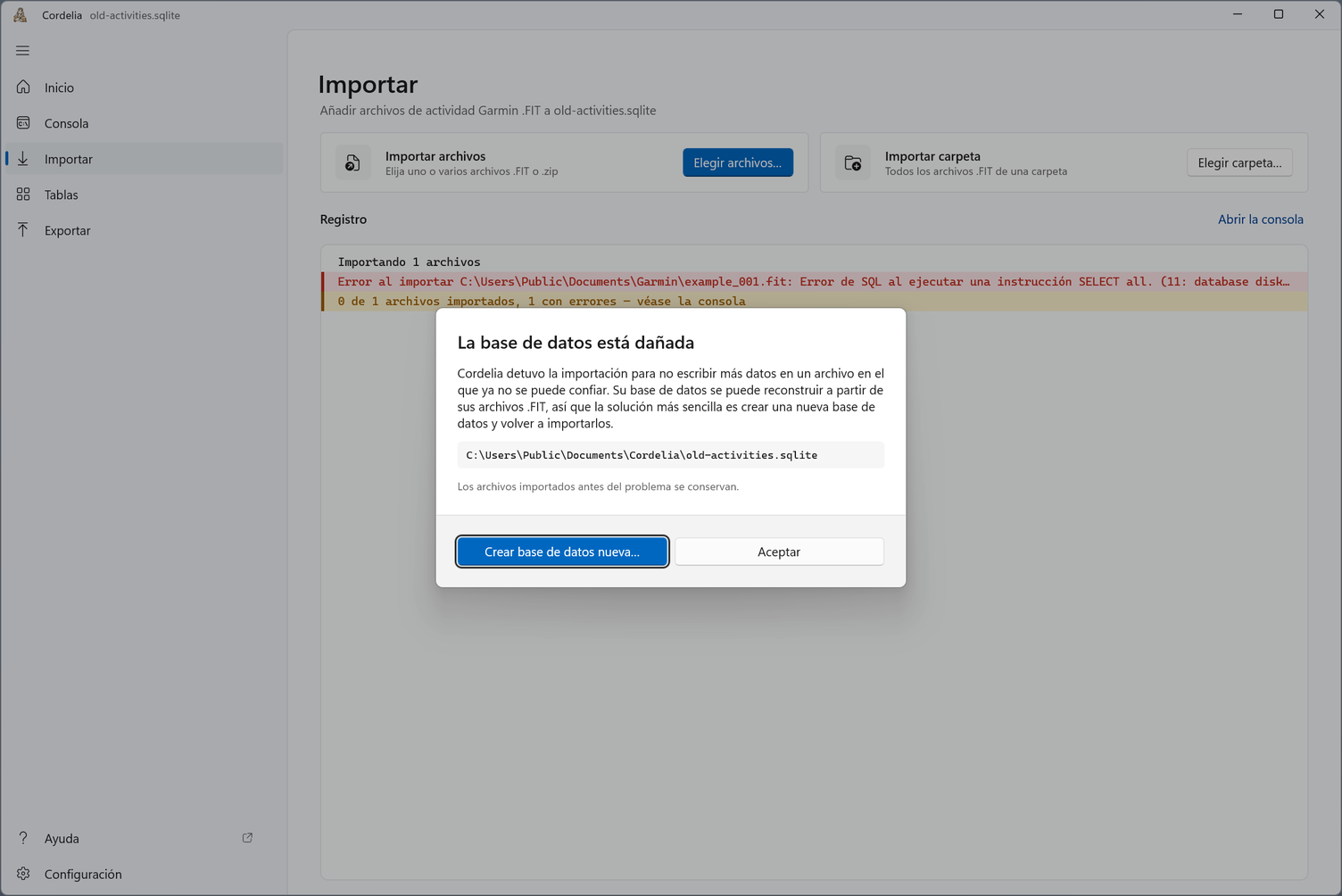 El diálogo La base de datos está dañada, que nombra old-activities.sqlite, con los botones Crear base de datos nueva… y Aceptar.