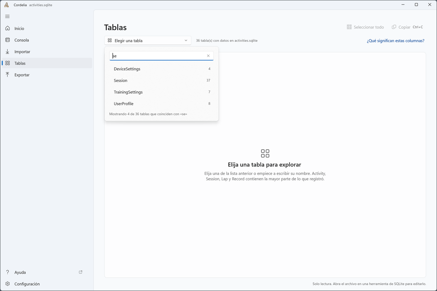El selector de tablas abierto con «se» escrito, mostrando 4 de 36 tablas: DeviceSettings, Session, TrainingSettings y UserProfile.