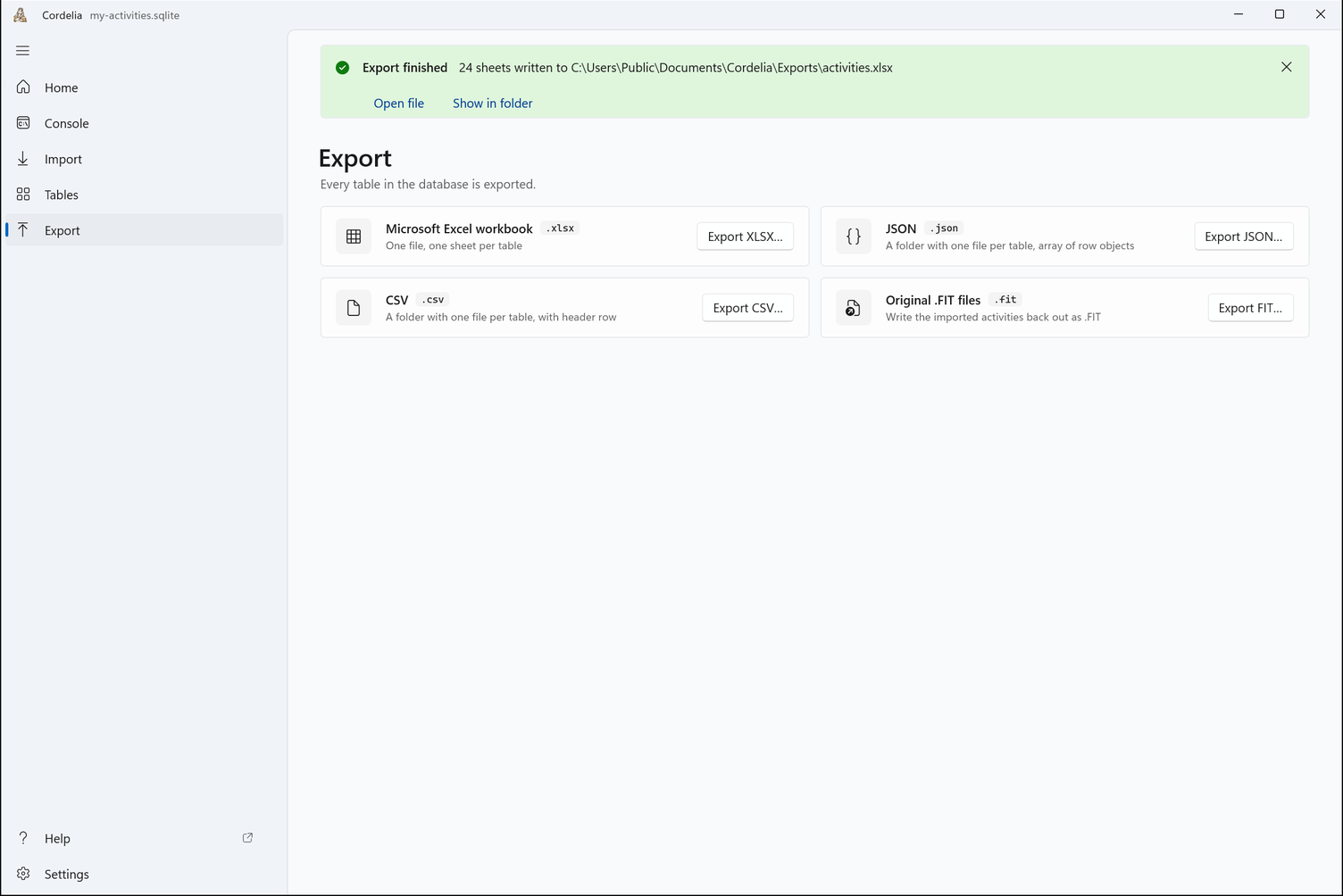 The Export page with its four formats, under a green banner: Export finished, 24 sheets written to activities.xlsx, with Open file and Show in folder.