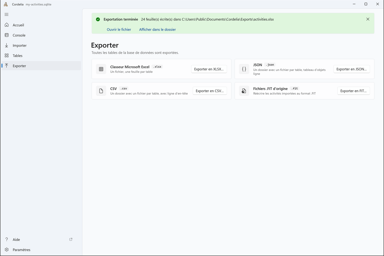 La page Exporter avec ses quatre formats, sous un bandeau vert : Exportation terminée, 24 feuille(s) écrite(s) dans activities.xlsx, avec Ouvrir le fichier et Afficher dans le dossier.