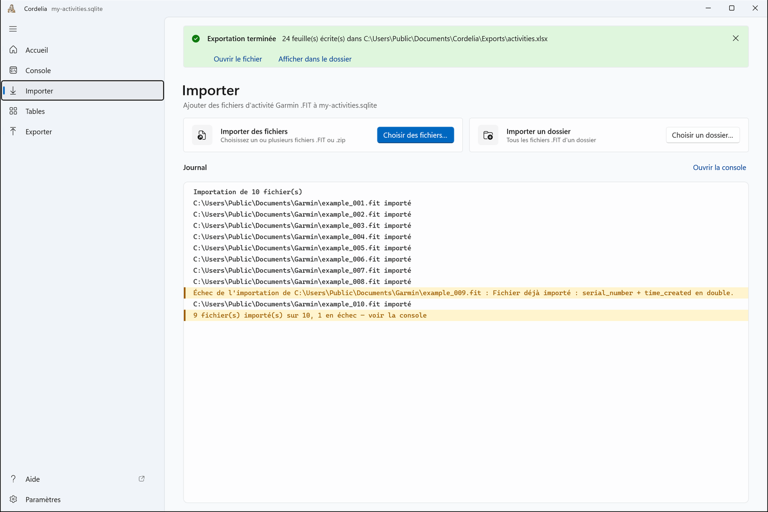 La page Importer, avec Importer des fichiers et Importer un dossier côte à côte, et le journal d'une importation précédente en dessous.