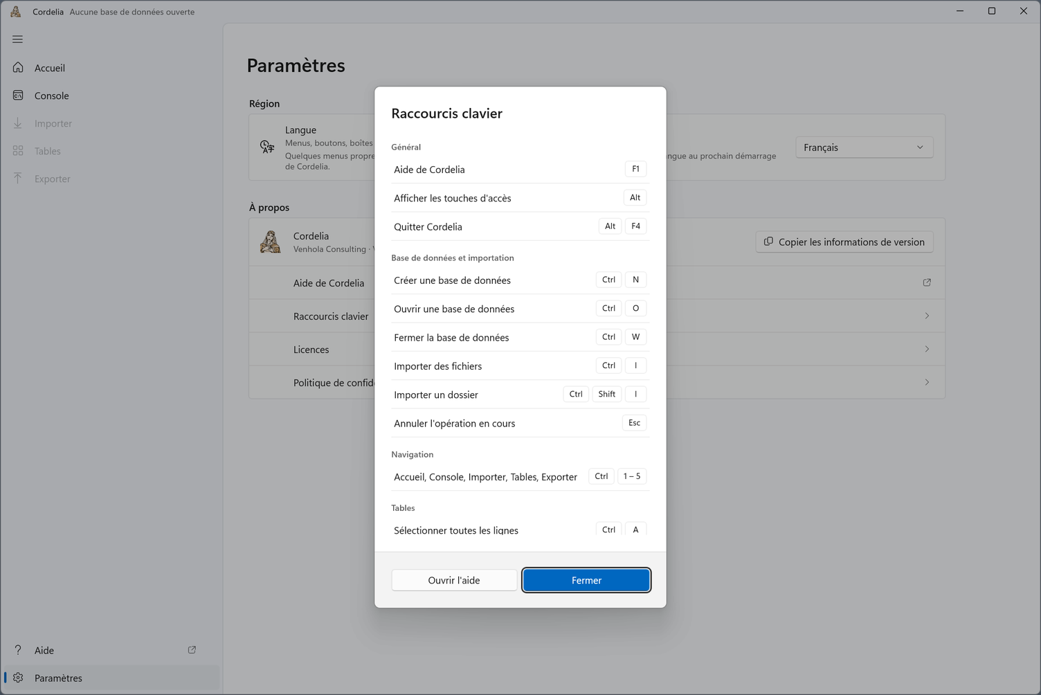 La boîte de dialogue Raccourcis clavier, avec les raccourcis Général, Base de données et importation, Navigation et Tables.