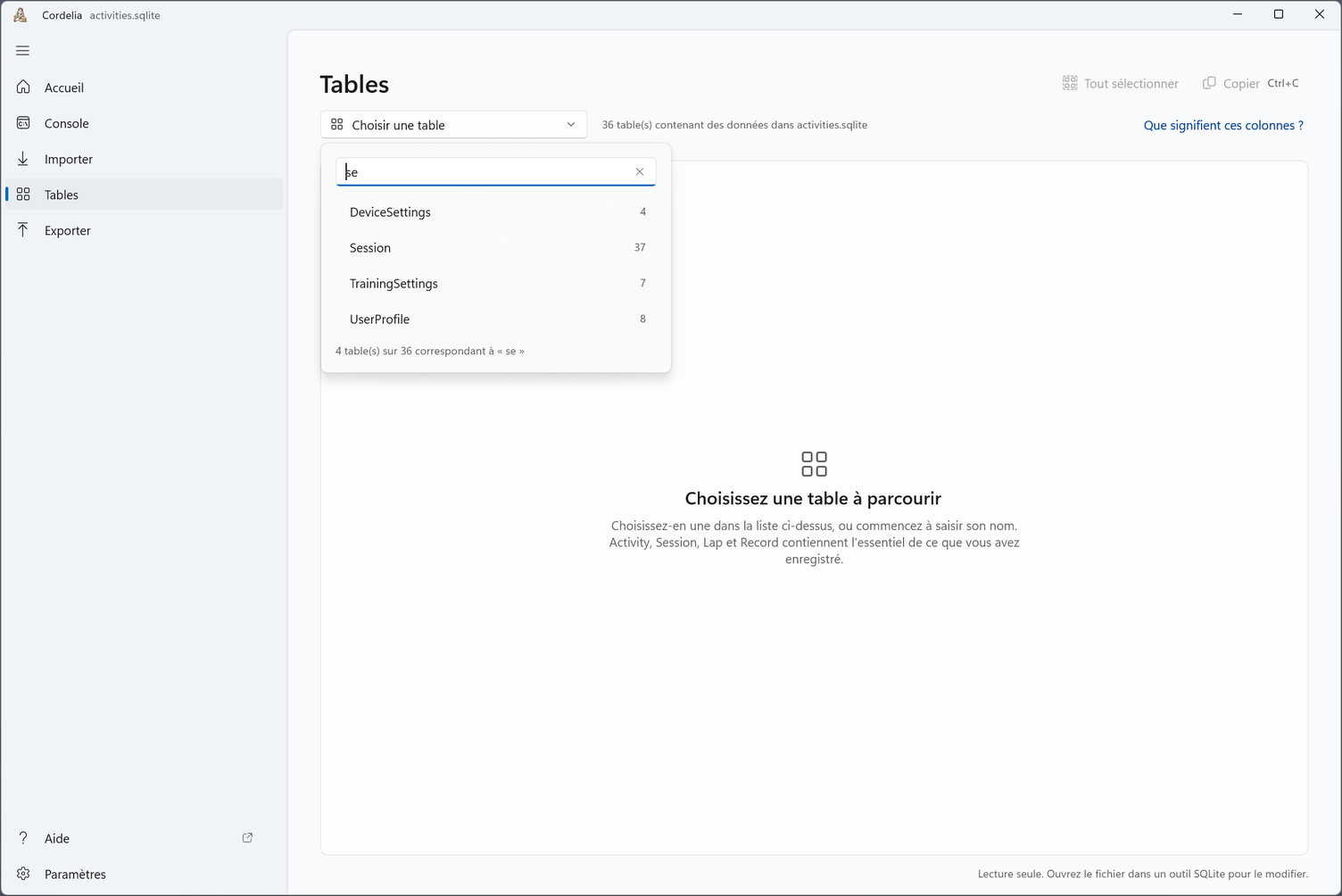 Le sélecteur de table ouvert avec « se » saisi, montrant 4 tables sur 36 : DeviceSettings, Session, TrainingSettings et UserProfile.