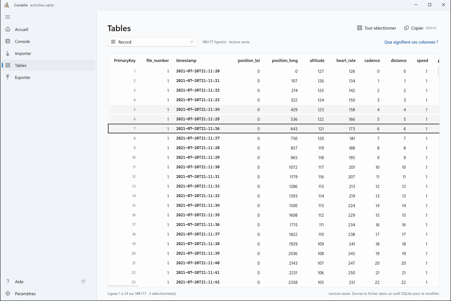 La table Record avec trois lignes sélectionnées.