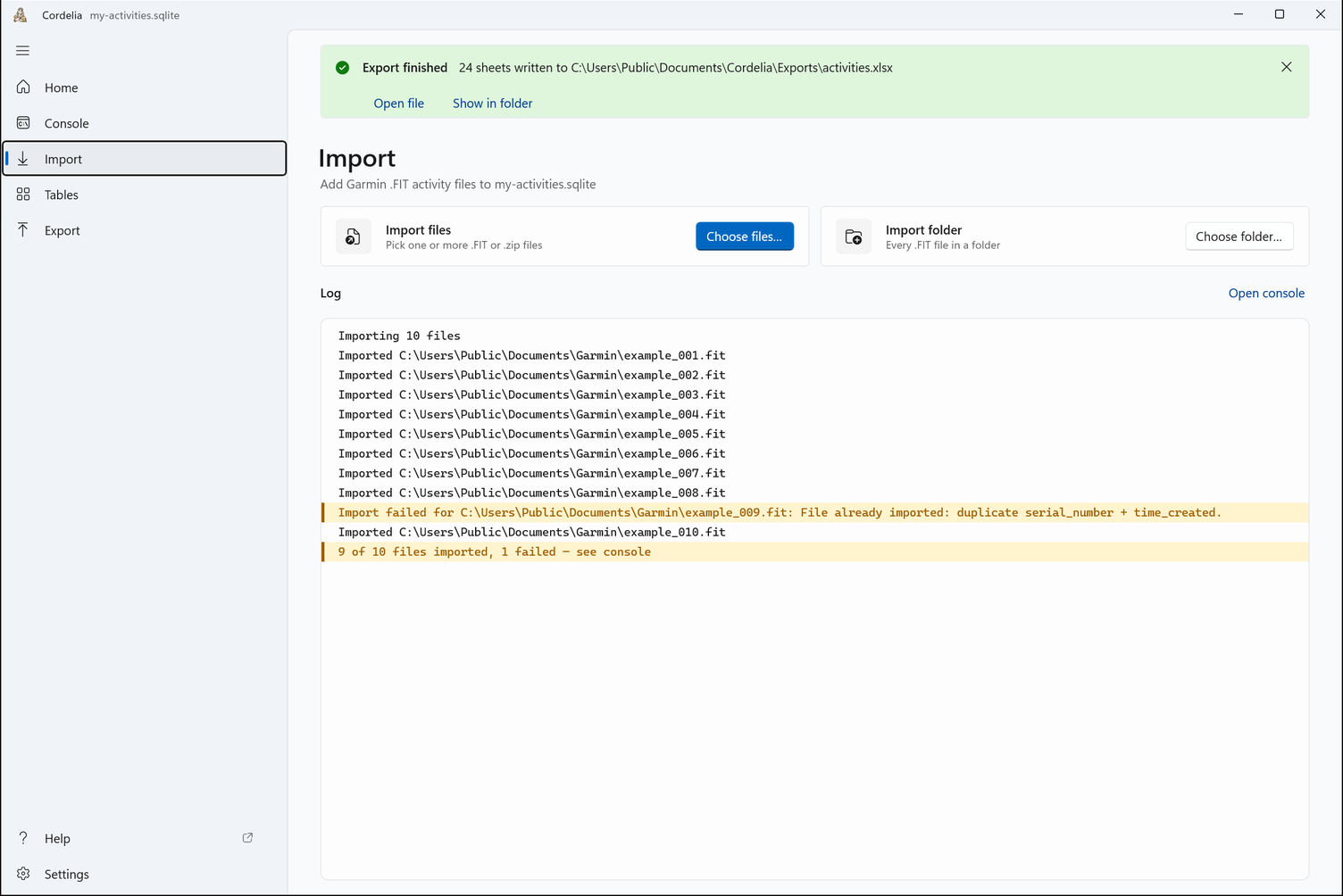 The Import page, with Import files and Import folder side by side, and the log of an earlier import below.