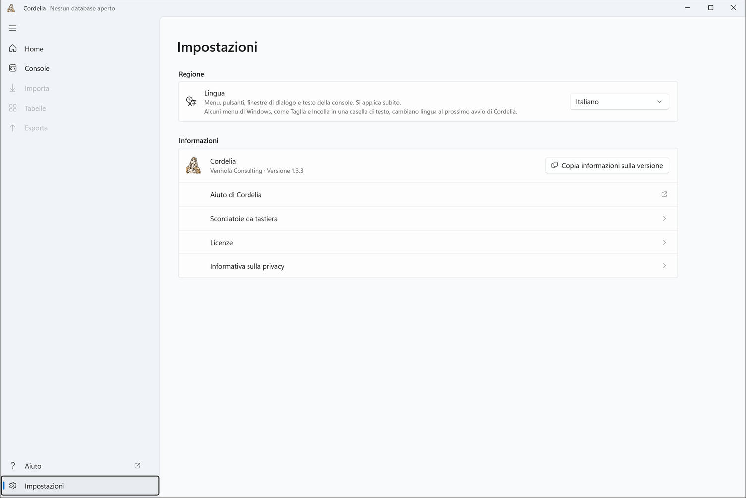 Impostazioni, con l'editore e la versione di Cordelia in Informazioni, il pulsante Copia informazioni sulla versione e le righe Aiuto di Cordelia, Scorciatoie da tastiera, Licenze e Informativa sulla privacy.