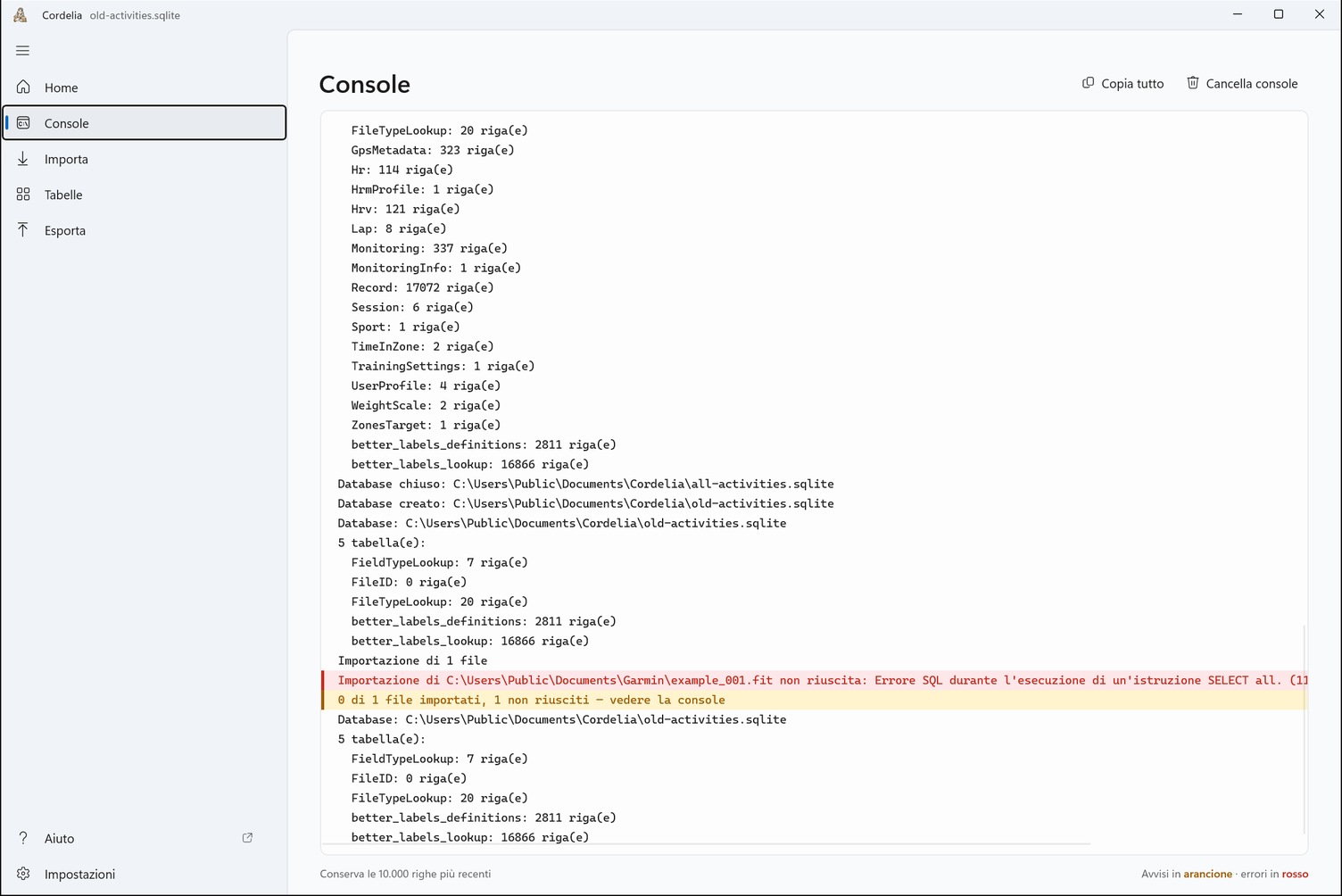 La console con una riga rossa per un file non importato perché il database è danneggiato.