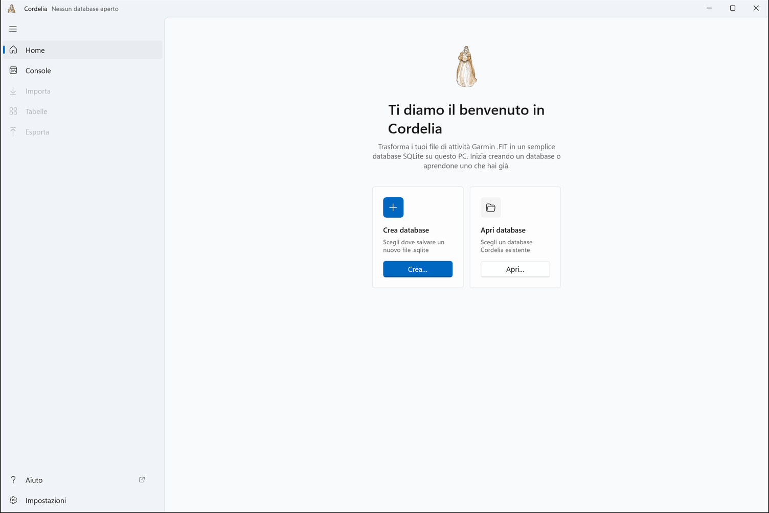 La Home senza database aperto, con le schede Crea database e Apri database.